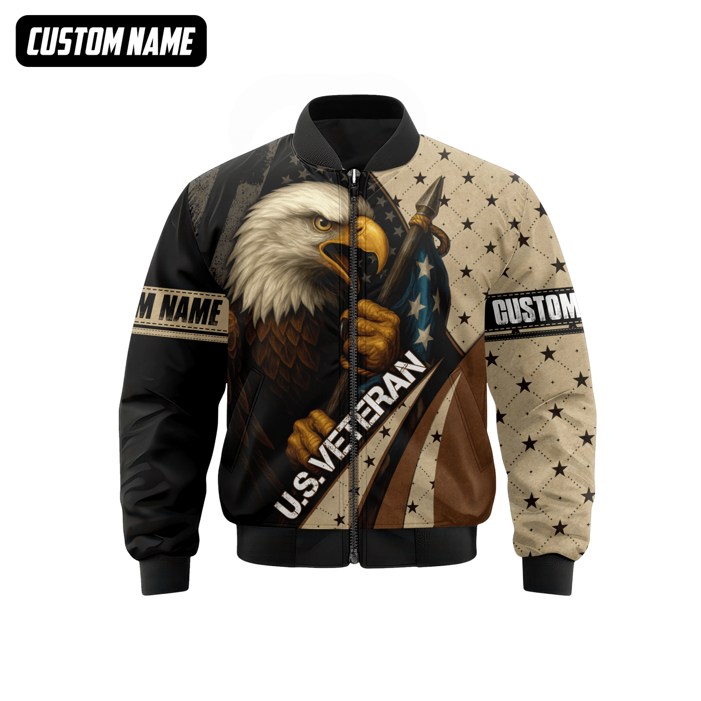 Personalized U.S. Veteran Hoodie – Bald Eagle and American Flag, Patriotic Zip Up Gift