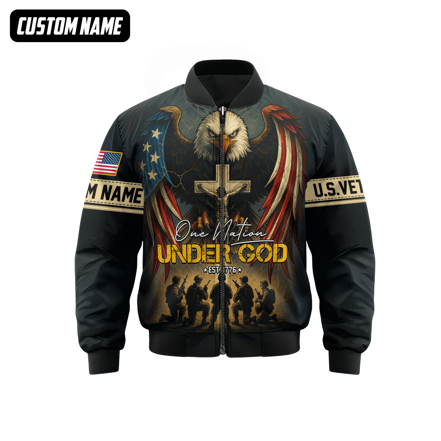 U.S. Veteran Hoodie – One Nation Under God, Eagle with Cross and Soldiers Design