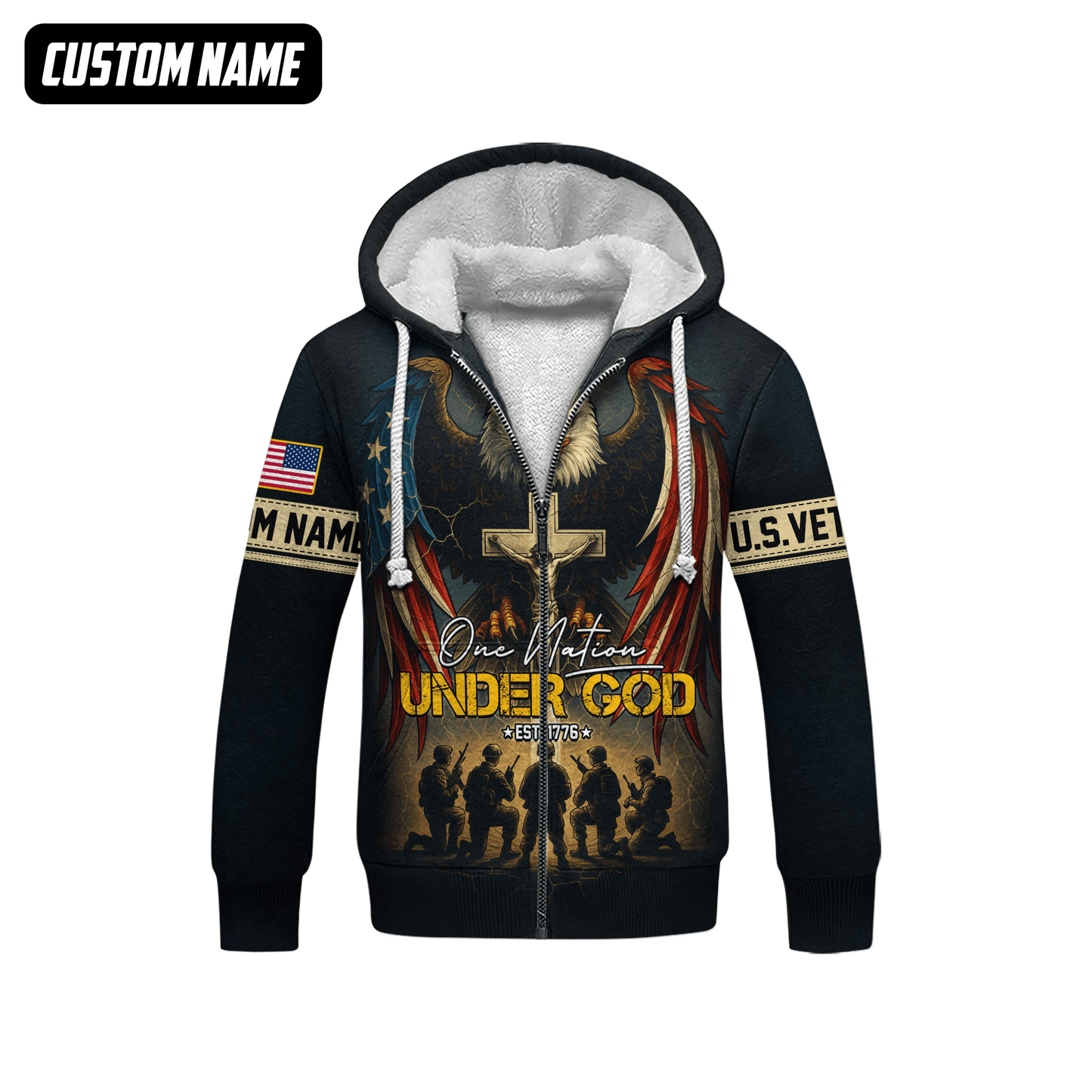 U.S. Veteran Hoodie – One Nation Under God, Eagle with Cross and Soldiers Design