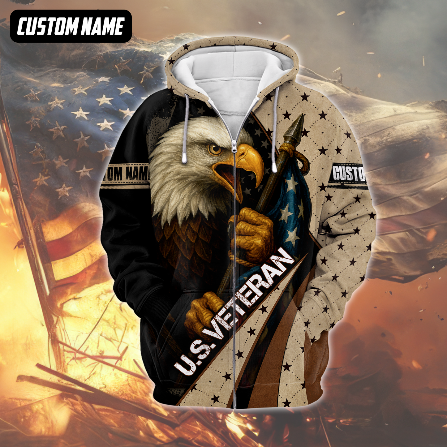 Personalized U.S. Veteran Hoodie – Bald Eagle and American Flag, Patriotic Zip Up Gift