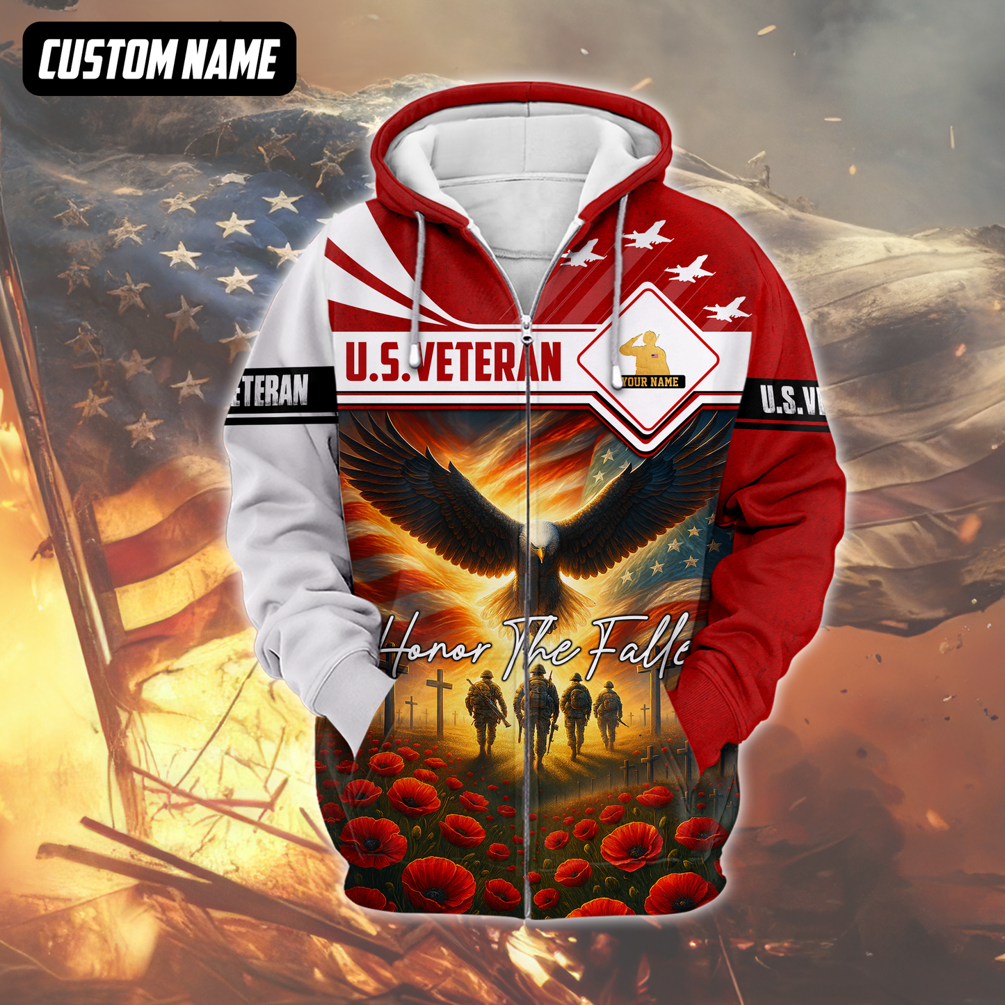 U.S. Veteran Hoodie – Honor The Fallen, Eagle and Soldiers Memorial Zip Up