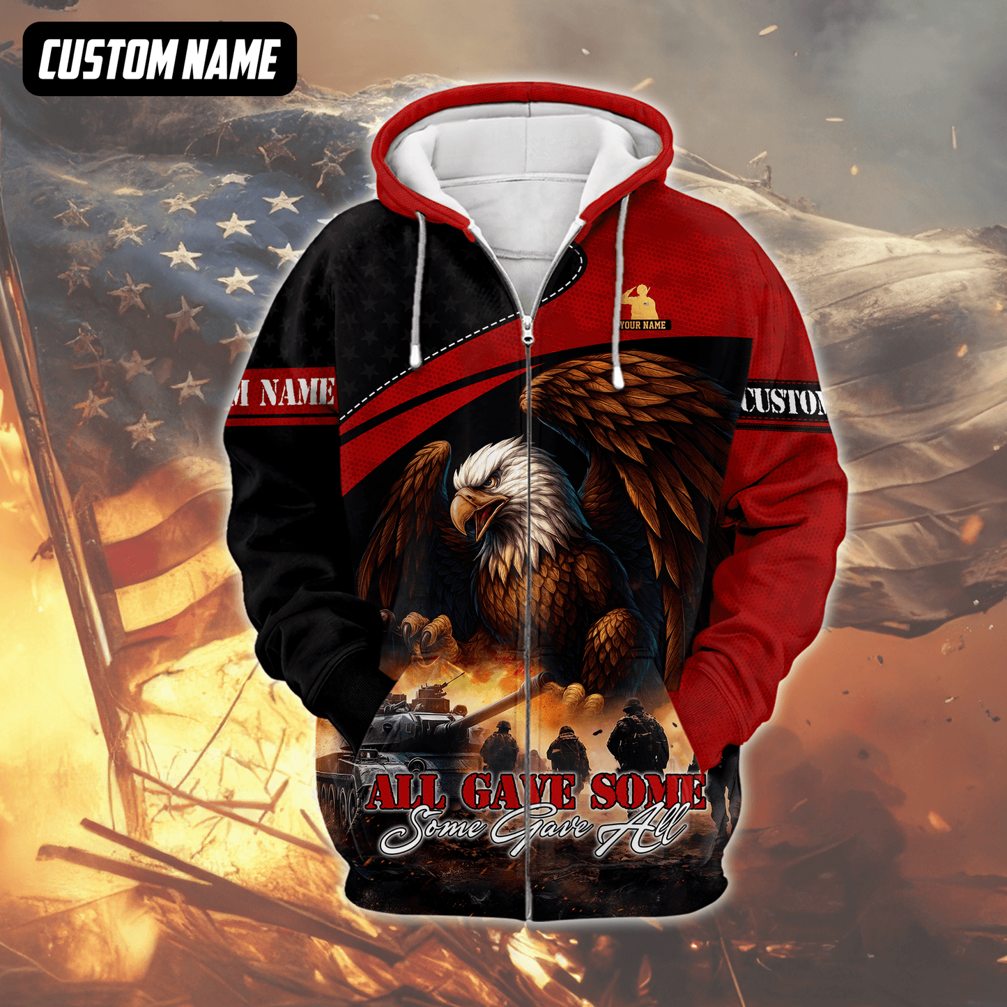 U.S. Veteran Hoodie – All Gave Some Some Gave All, Bald Eagle and Battlefield Zip Up