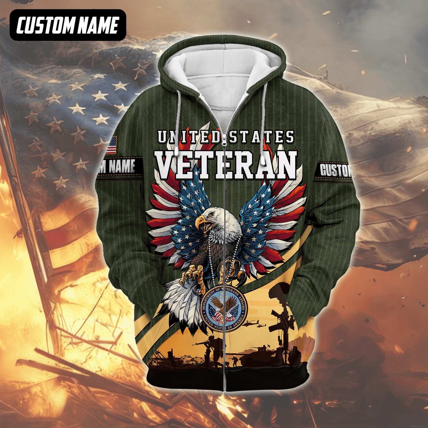 U.S. Veteran Hoodie – Bald Eagle with American Flag Wings, Military Seal Zip Up