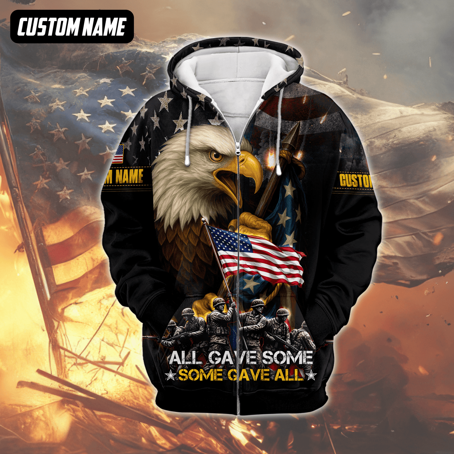 U.S. Veteran Hoodie – All Gave Some Some Gave All, Eagle Holding American Flag Zip Up