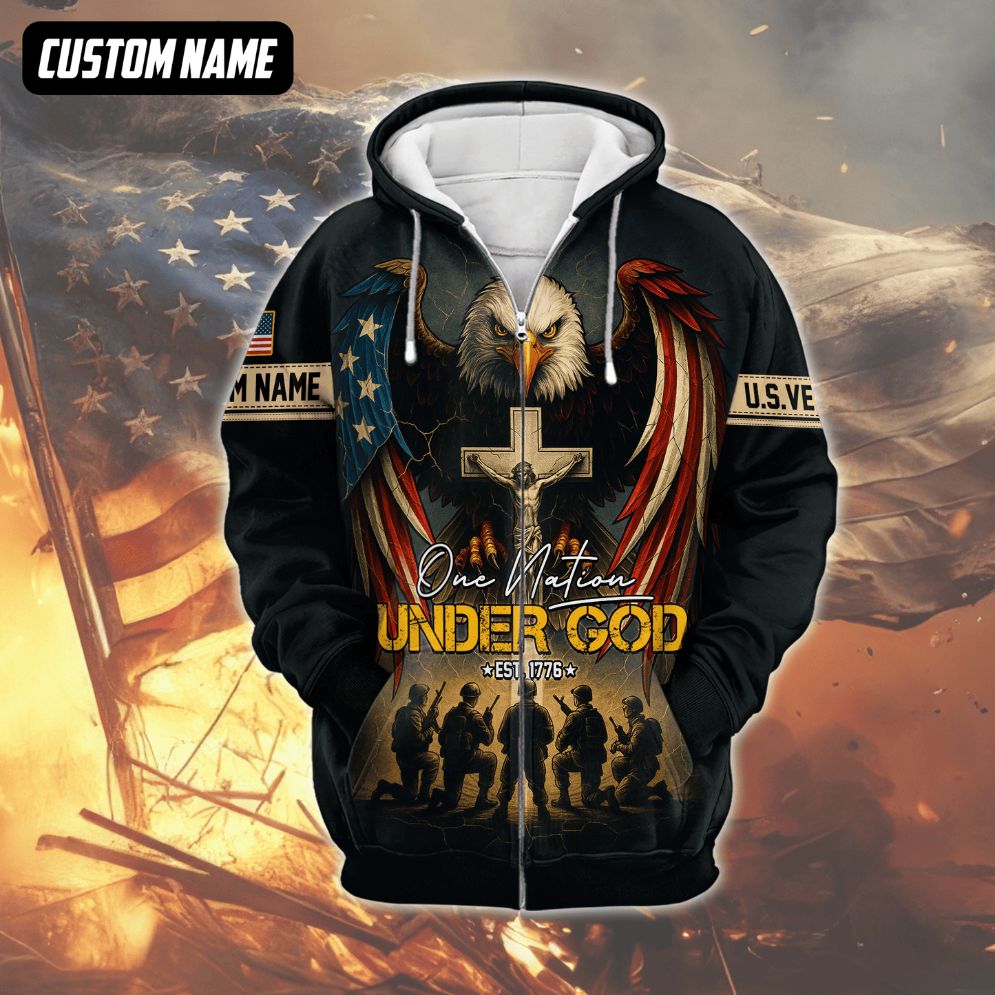 U.S. Veteran Hoodie – One Nation Under God, Eagle with Cross and Soldiers Design