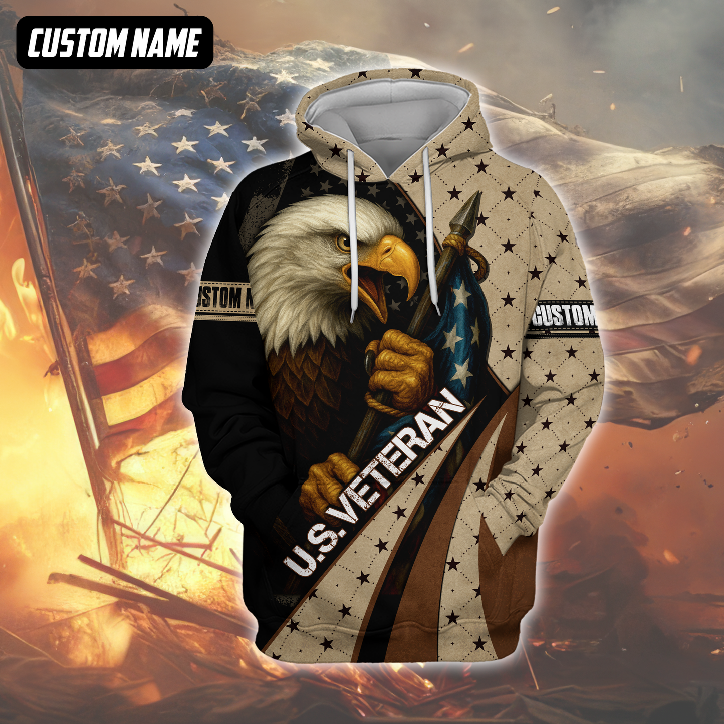 Personalized U.S. Veteran Hoodie – Bald Eagle and American Flag, Patriotic Zip Up Gift