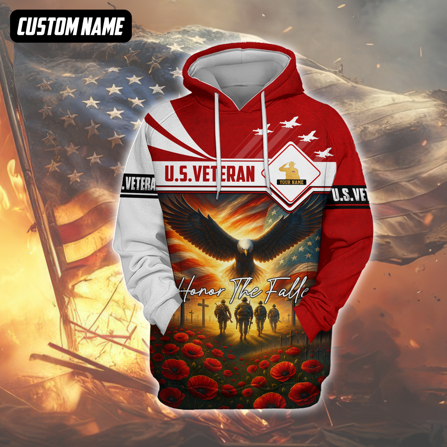 U.S. Veteran Hoodie – Honor The Fallen, Eagle and Soldiers Memorial Zip Up