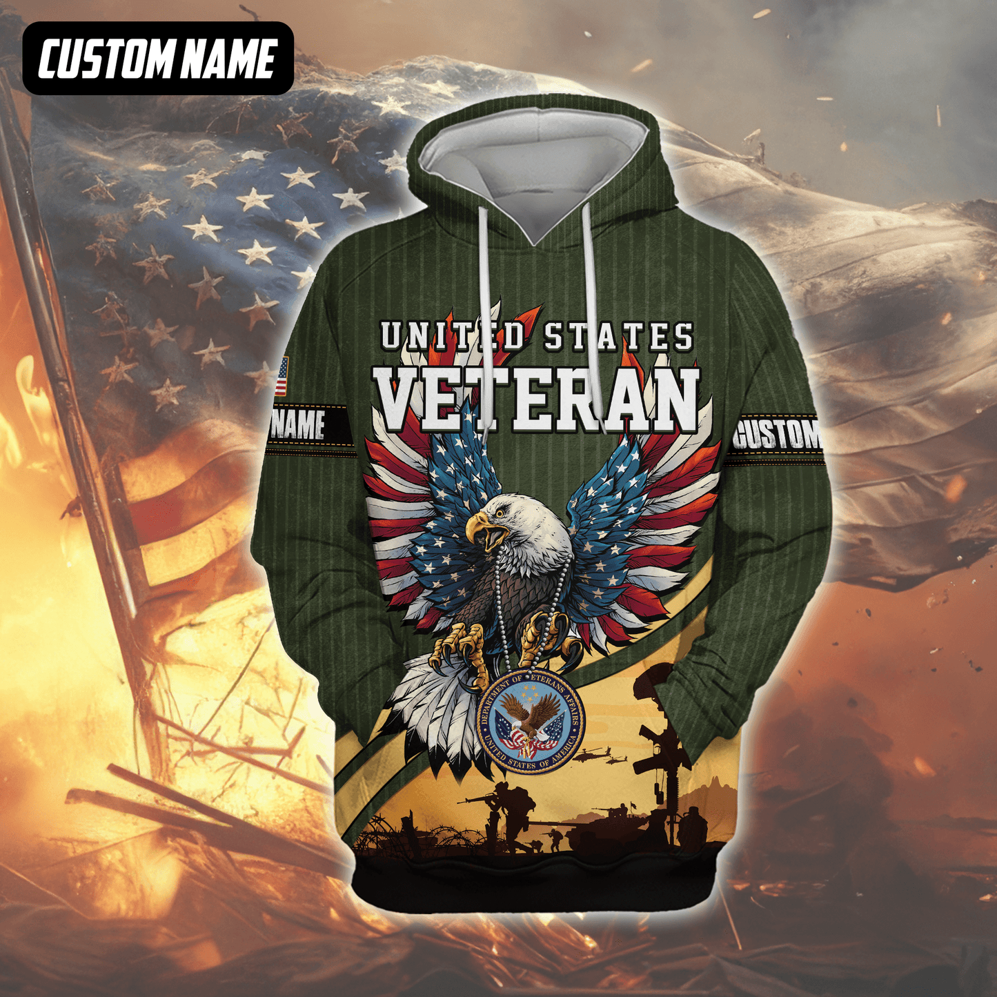 U.S. Veteran Hoodie – Bald Eagle with American Flag Wings, Military Seal Zip Up