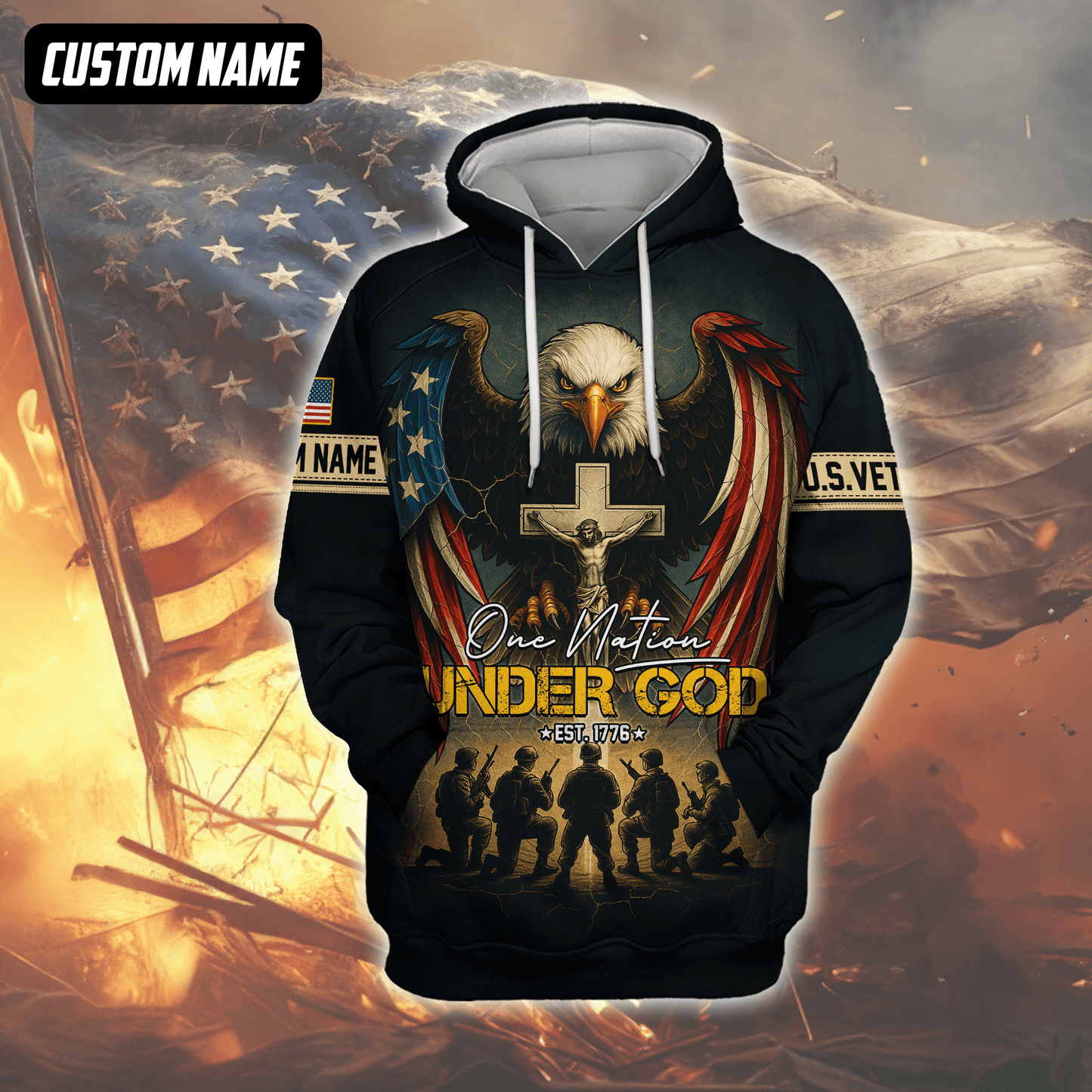 U.S. Veteran Hoodie – One Nation Under God, Eagle with Cross and Soldiers Design