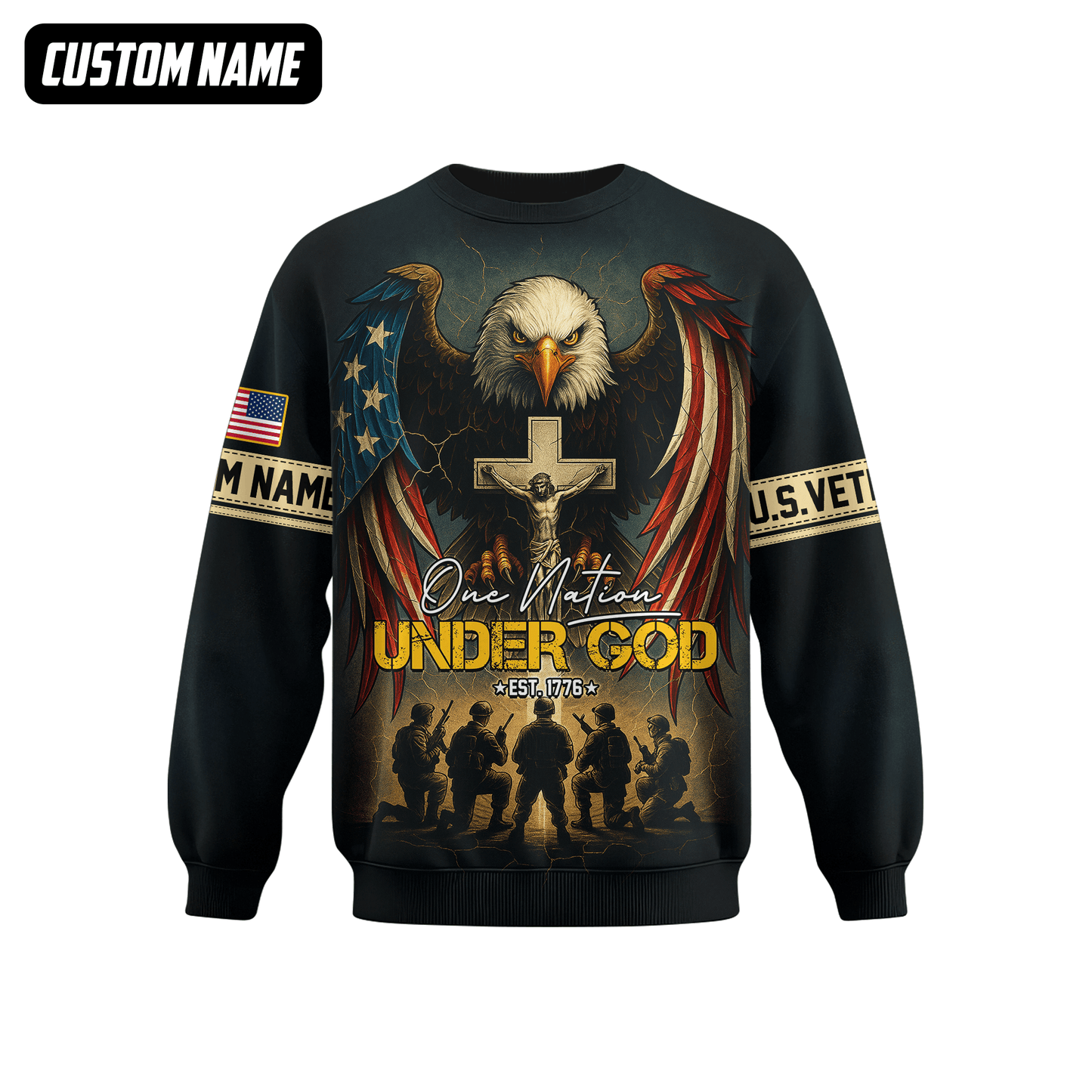 U.S. Veteran Hoodie – One Nation Under God, Eagle with Cross and Soldiers Design