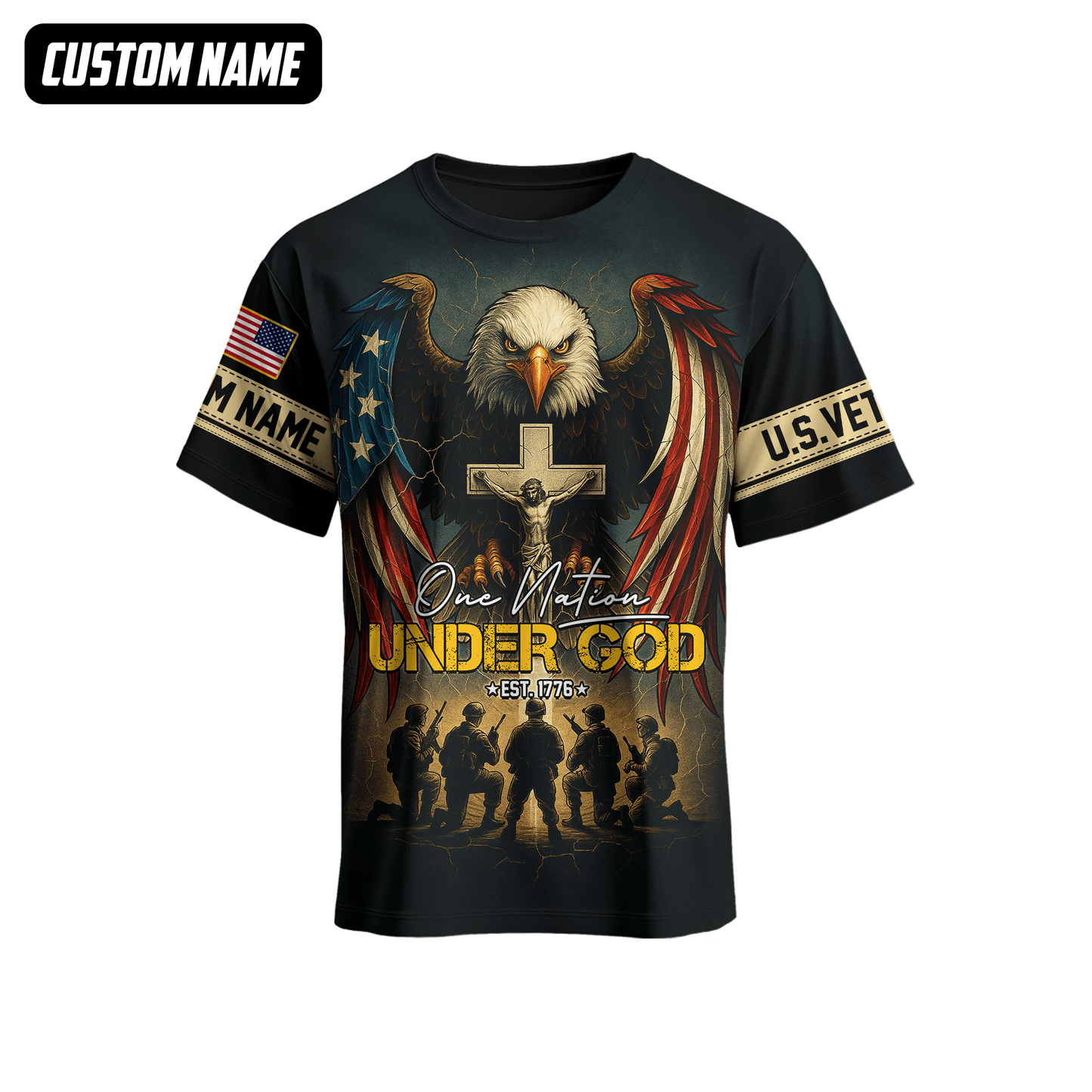 U.S. Veteran Hoodie – One Nation Under God, Eagle with Cross and Soldiers Design