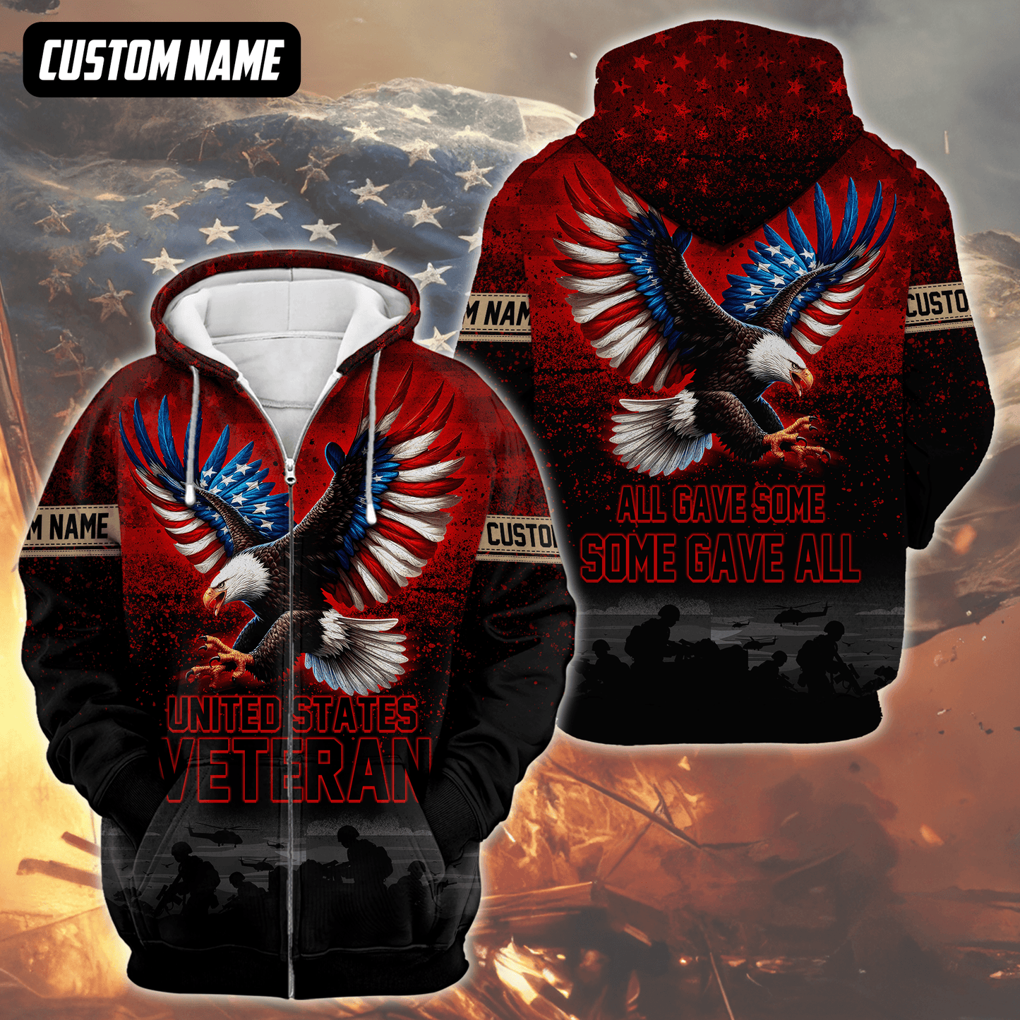 U.S. Veteran Hoodie – All Gave Some Some Gave All, Eagle with Flag Wings Zip Up