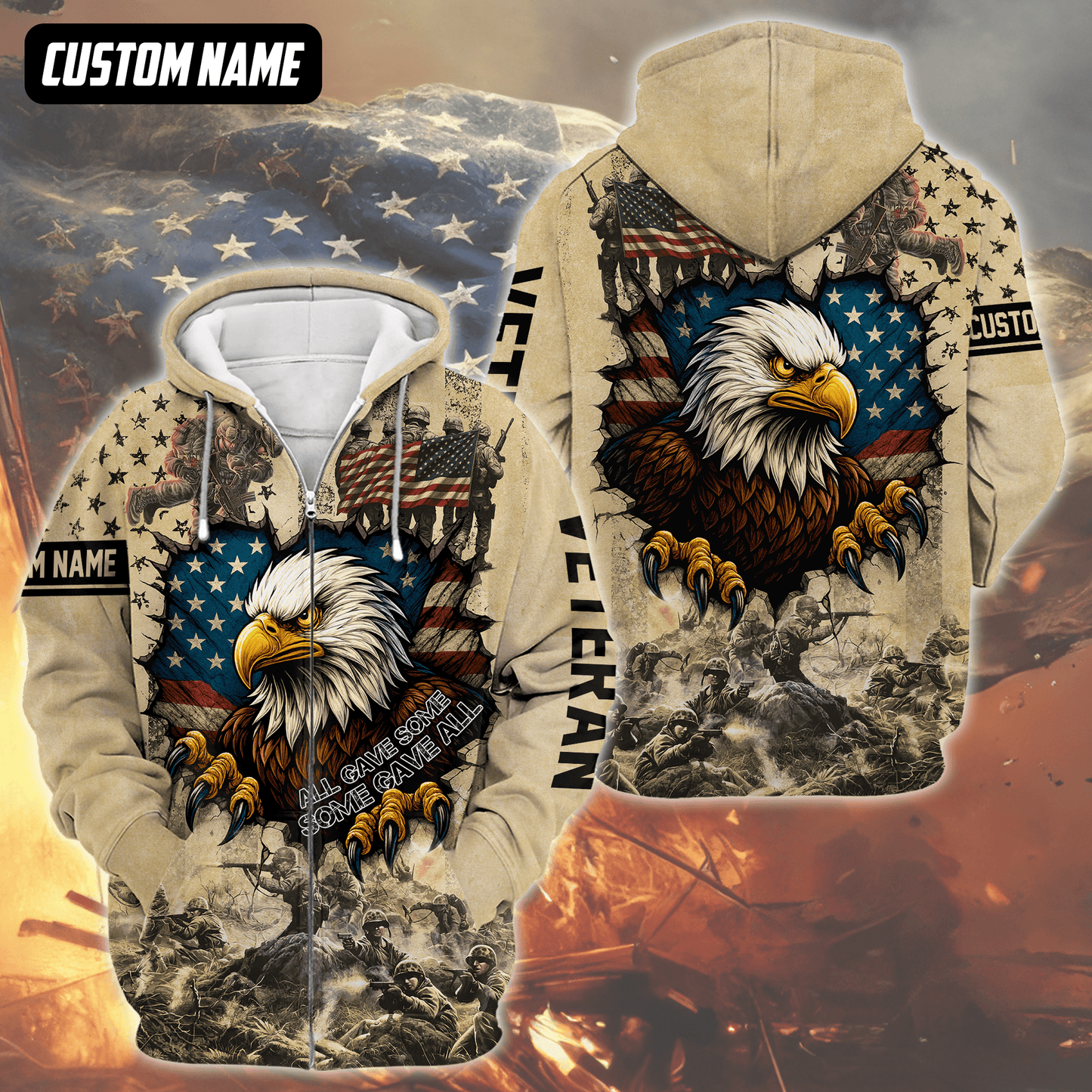 U.S. Veteran Hoodie – All Gave Some Some Gave All, Eagle with American Flag Zip Up