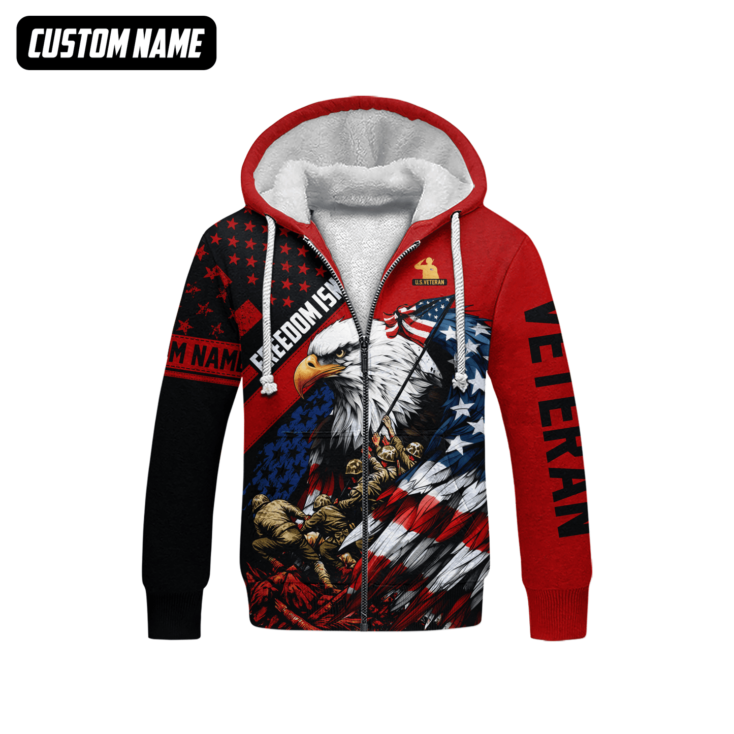 U.S. Veteran Hoodie – Freedom Isn’t Free, Bald Eagle with Flag and Soldiers Design