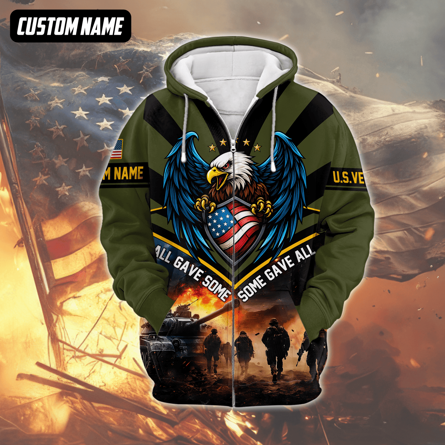 U.S. Veteran Hoodie – All Gave Some Some Gave All, Eagle with Flag Shield Zip Up