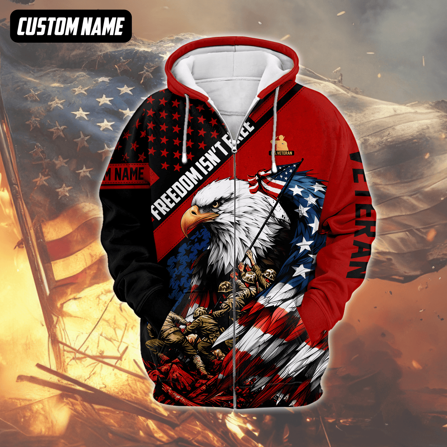 U.S. Veteran Hoodie – Freedom Isn’t Free, Bald Eagle with Flag and Soldiers Design