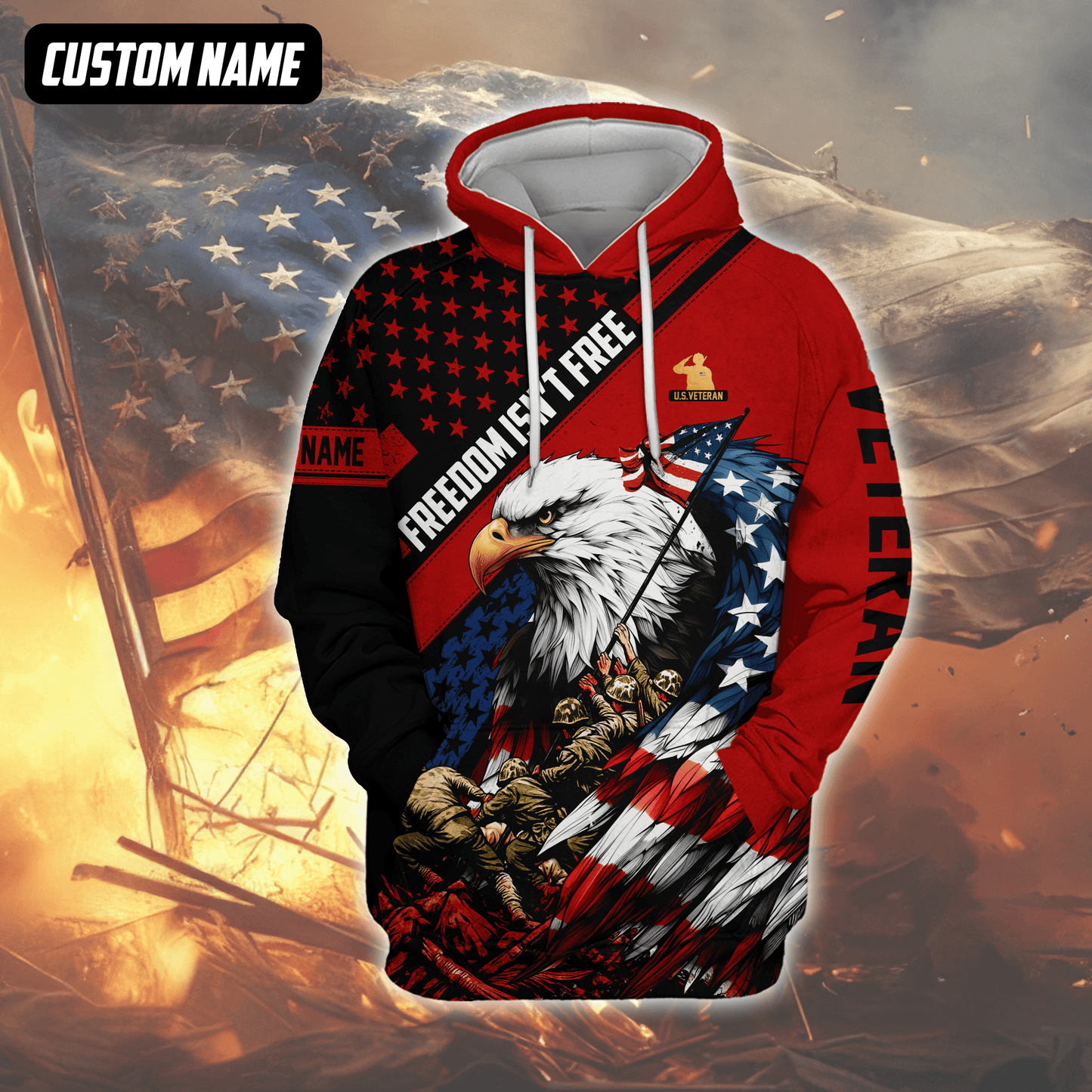 U.S. Veteran Hoodie – Freedom Isn’t Free, Bald Eagle with Flag and Soldiers Design