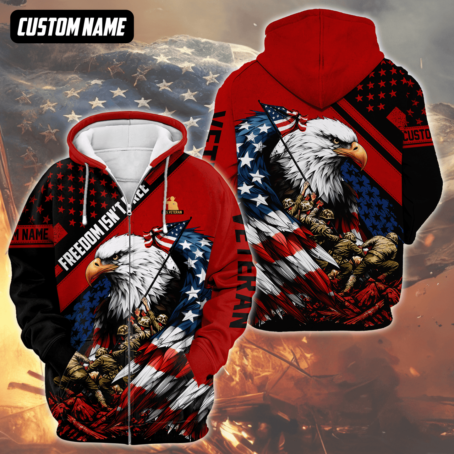 U.S. Veteran Hoodie – Freedom Isn’t Free, Bald Eagle with Flag and Soldiers Design