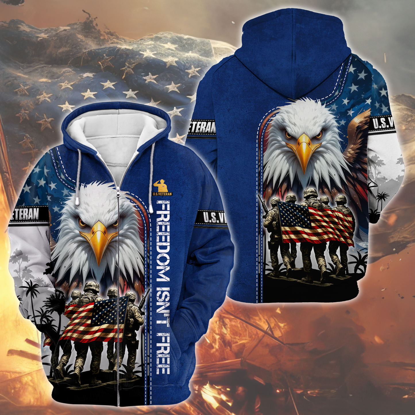 U.S. Veteran Hoodie – Freedom Isn’t Free, American Flag Eagle Design, Patriotic Zip Up
