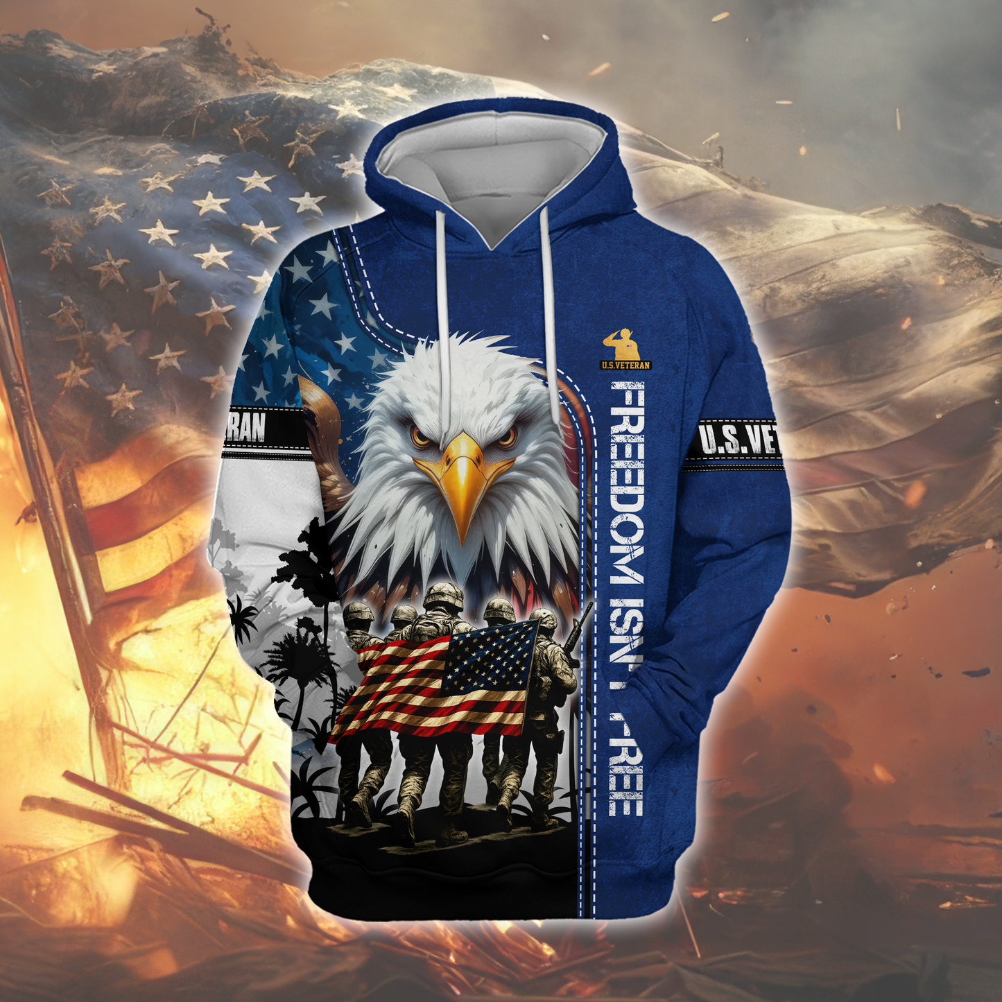 U.S. Veteran Hoodie – Freedom Isn’t Free, American Flag Eagle Design, Patriotic Zip Up