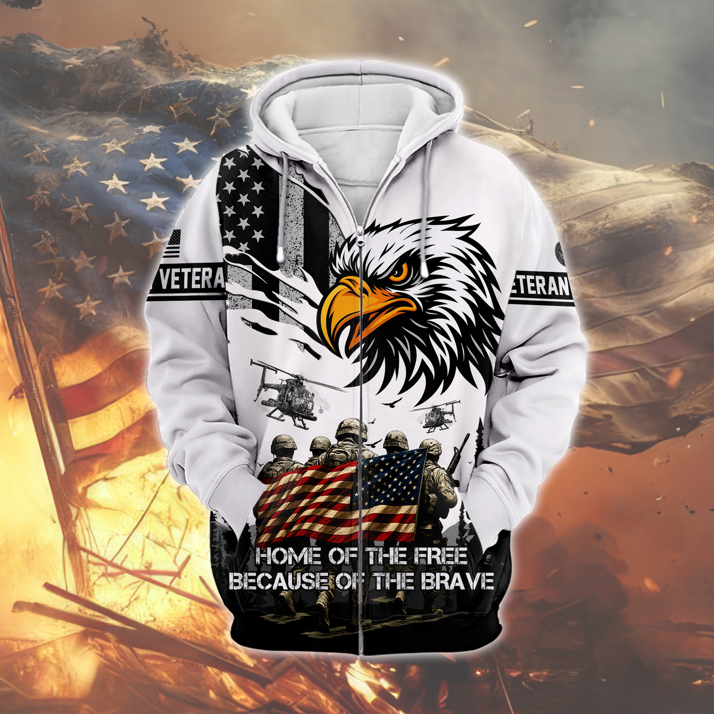 U.S. Veteran Hoodie – Home of the Free Because of the Brave, American Eagle Zip Up
