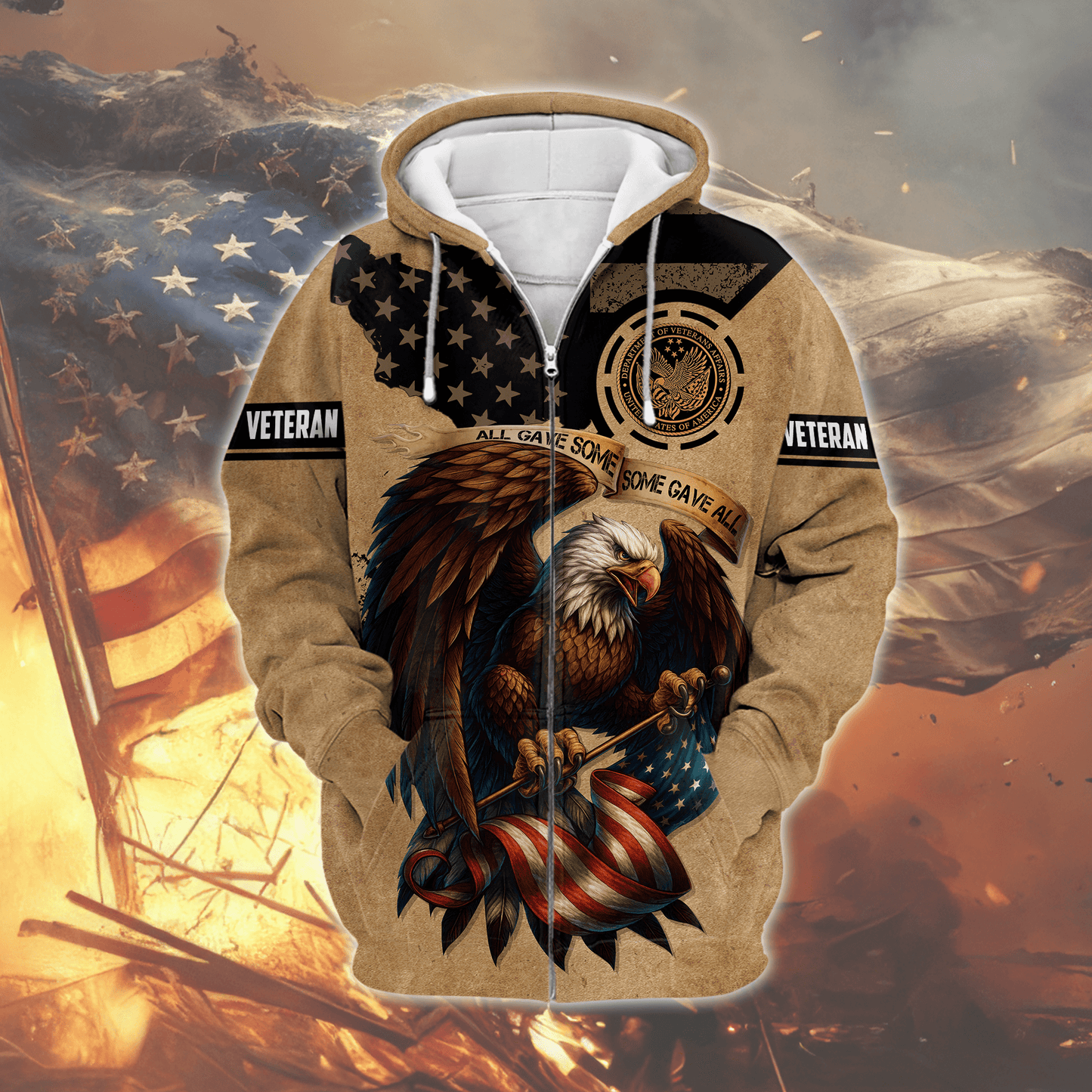 U.S. Veteran Eagle Hoodie – All Gave Some Some Gave All, Patriotic American Flag Zip Up