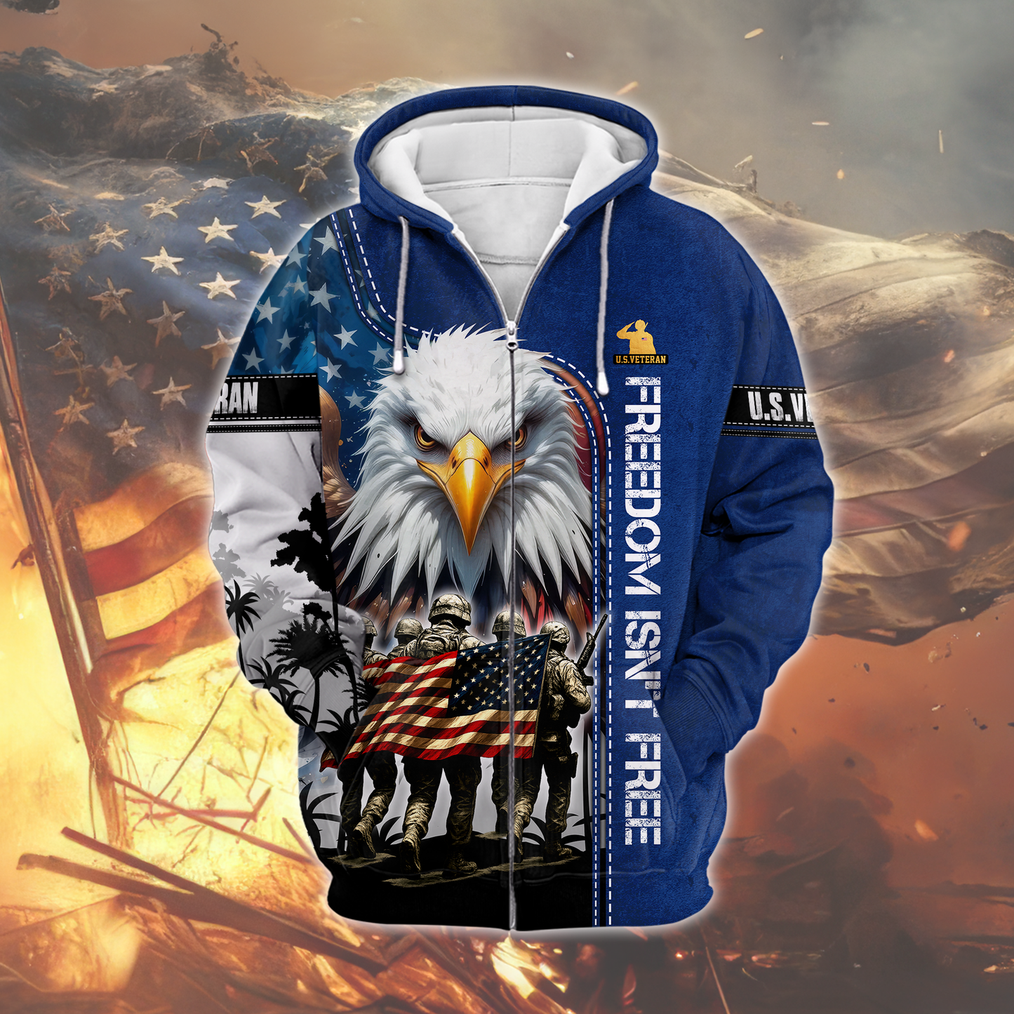 U.S. Veteran Hoodie – Freedom Isn’t Free, American Flag Eagle Design, Patriotic Zip Up