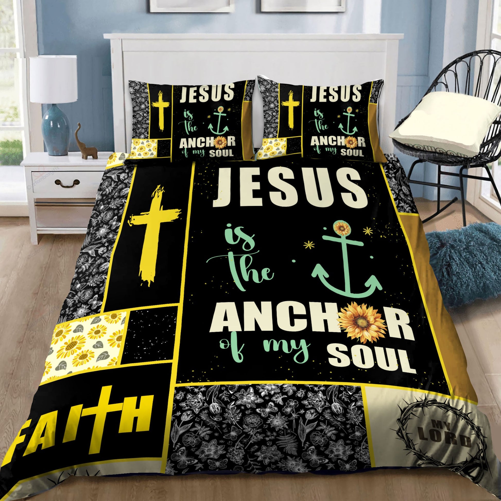 Sunflower and Cross "Anchor of My Soul" Bedding Set | Christian Gift