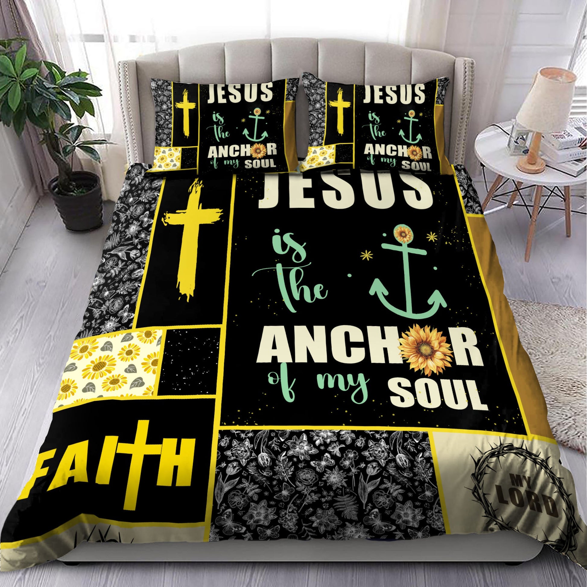 Sunflower and Cross "Anchor of My Soul" Bedding Set | Christian Gift