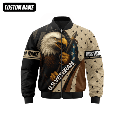 Personalized U.S. Veteran Hoodie – Bald Eagle and American Flag, Patriotic Zip Up Gift