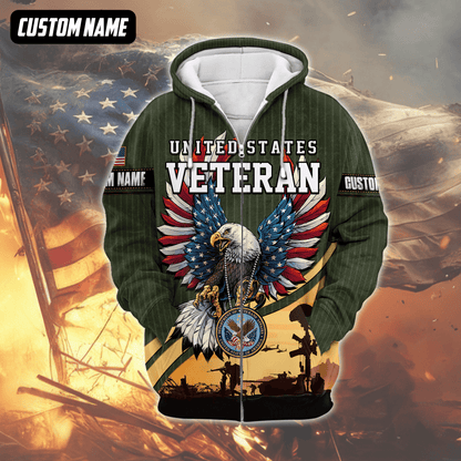 U.S. Veteran Hoodie – Bald Eagle with American Flag Wings, Military Seal Zip Up