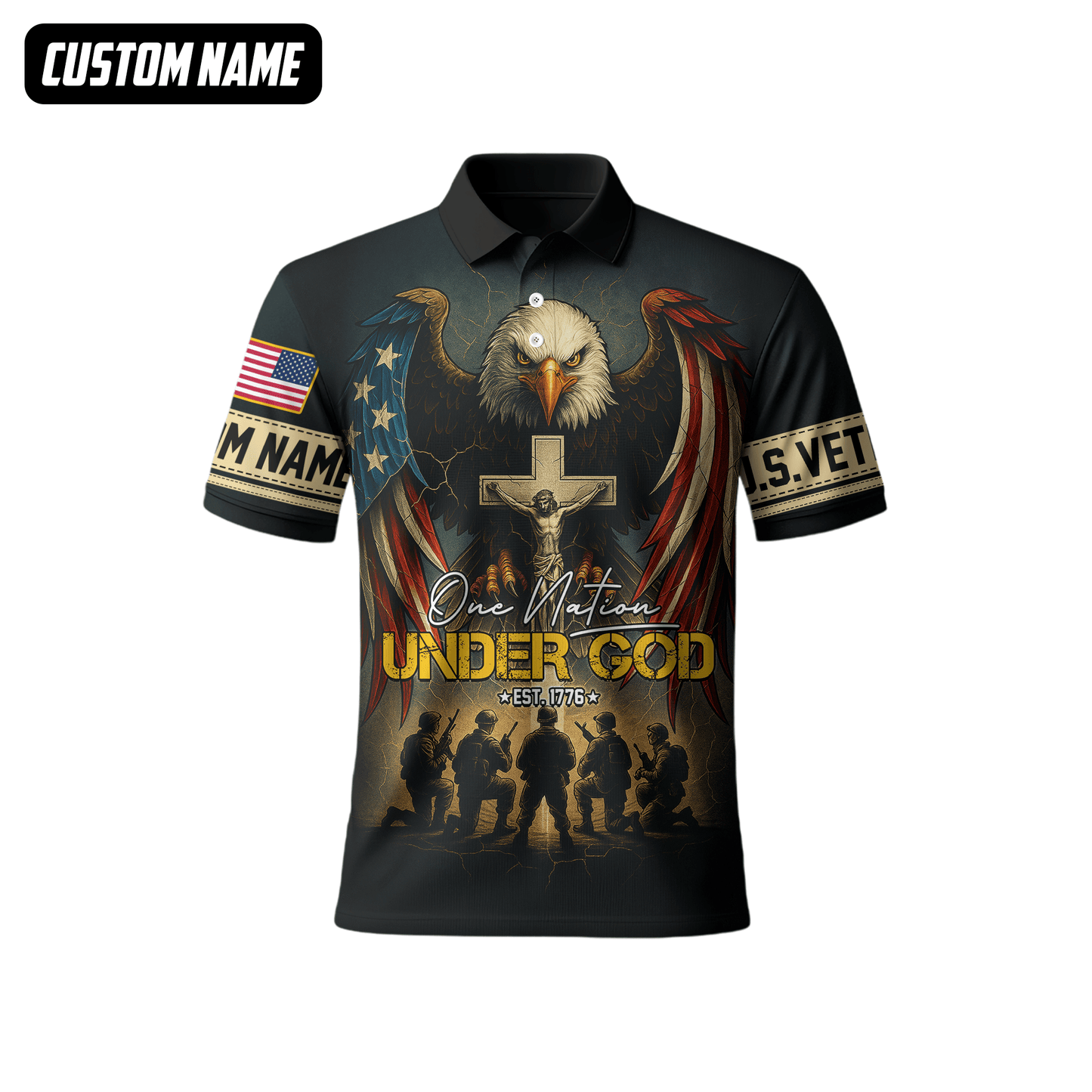 U.S. Veteran Hoodie – One Nation Under God, Eagle with Cross and Soldiers Design