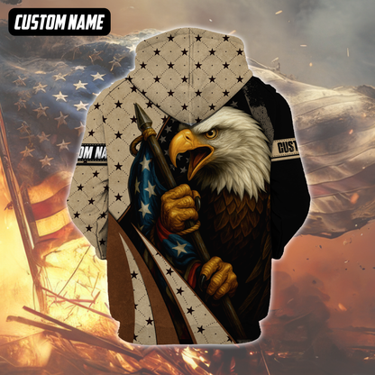 Personalized U.S. Veteran Hoodie – Bald Eagle and American Flag, Patriotic Zip Up Gift