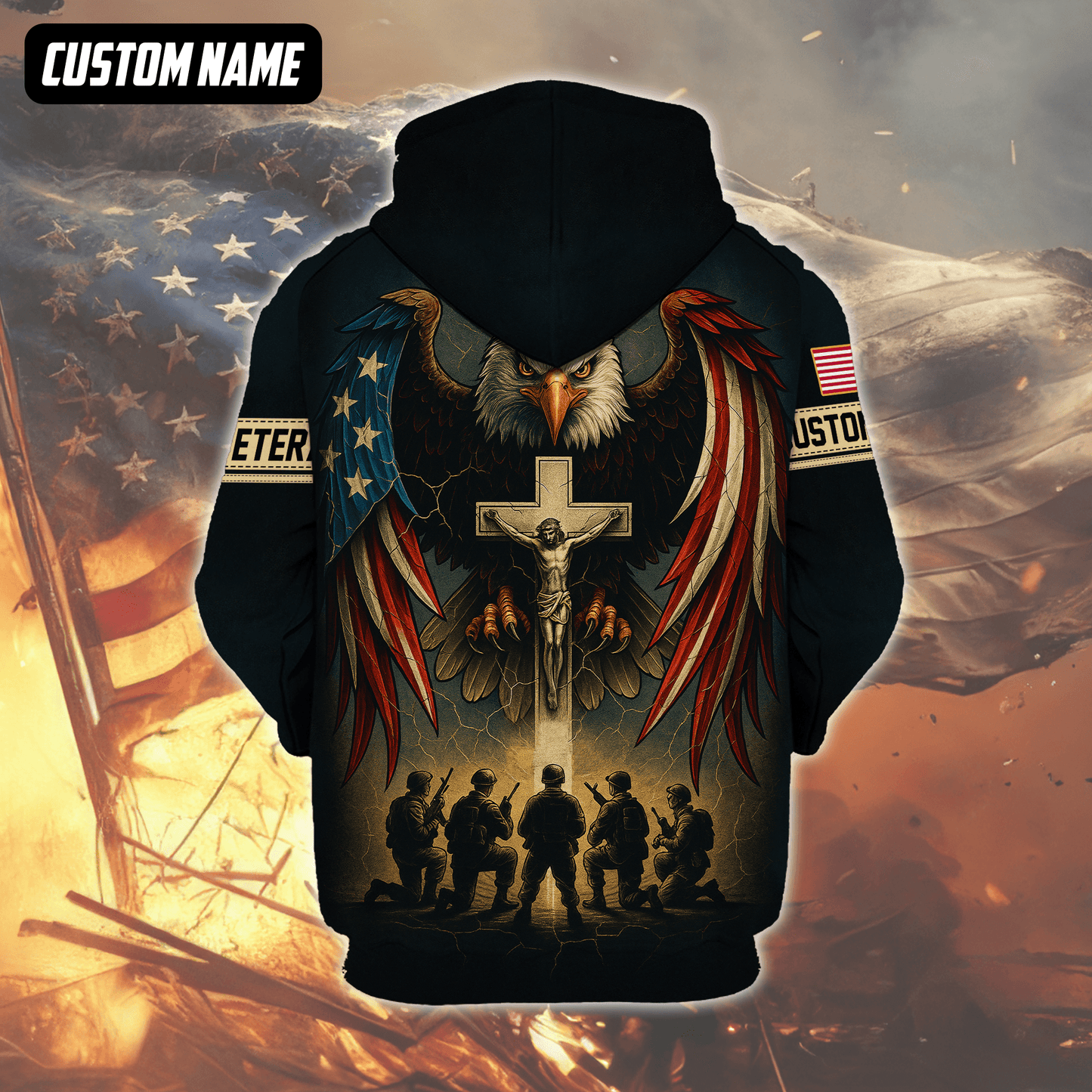U.S. Veteran Hoodie – One Nation Under God, Eagle with Cross and Soldiers Design