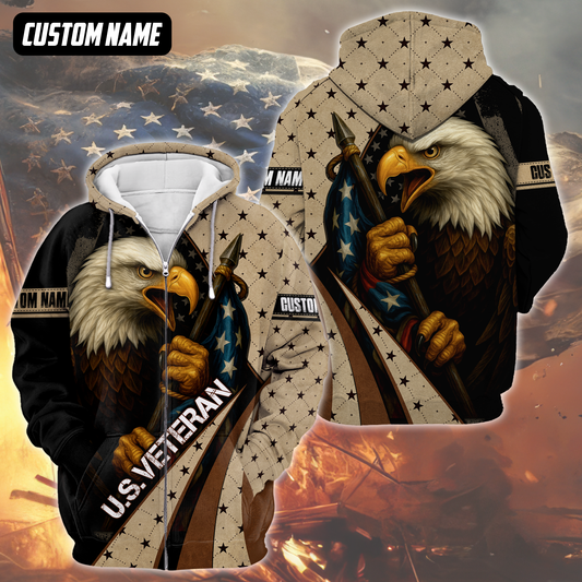 Personalized U.S. Veteran Hoodie – Bald Eagle and American Flag, Patriotic Zip Up Gift