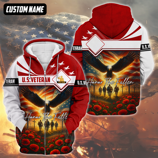 U.S. Veteran Hoodie – Honor The Fallen, Eagle and Soldiers Memorial Zip Up