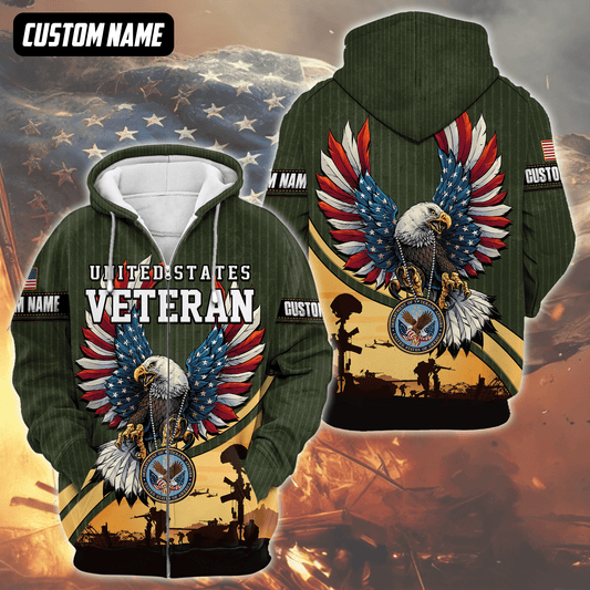 U.S. Veteran Hoodie – Bald Eagle with American Flag Wings, Military Seal Zip Up