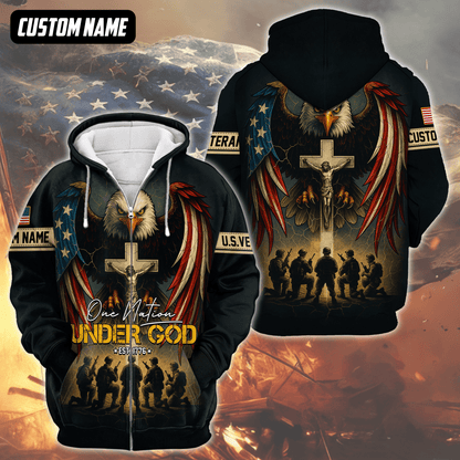 U.S. Veteran Hoodie – One Nation Under God, Eagle with Cross and Soldiers Design