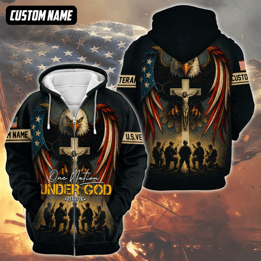 U.S. Veteran Hoodie – One Nation Under God, Eagle with Cross and Soldiers Design