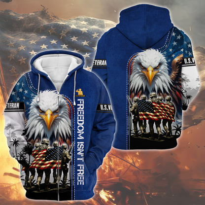 U.S. Veteran Hoodie – Freedom Isn’t Free, American Flag Eagle Design, Patriotic Zip Up