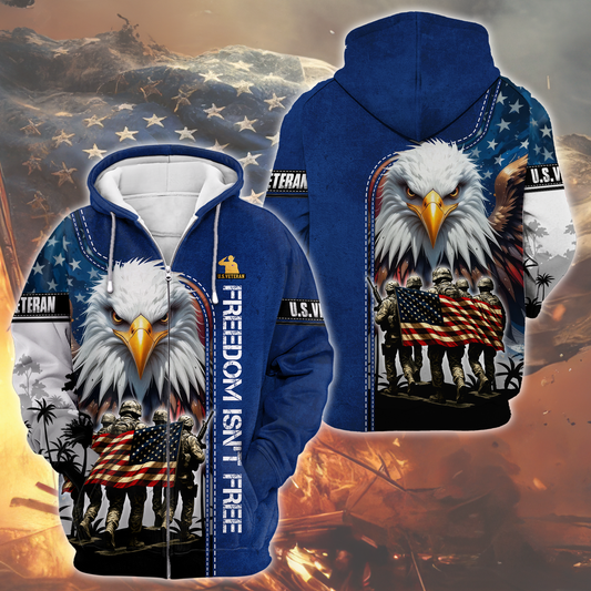 U.S. Veteran Hoodie – Freedom Isn’t Free, American Flag Eagle Design, Patriotic Zip Up